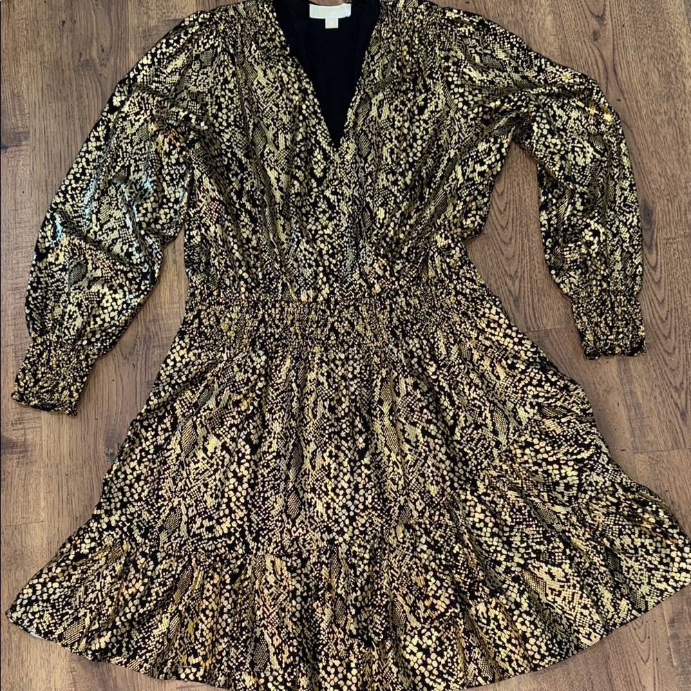 Michael Kors Gold Metallic Long-Sleeve Ruffle Hem Dress - Picture 2 of 12